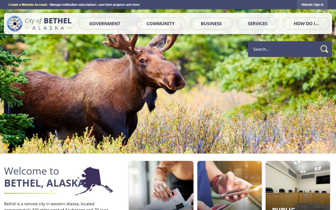City of Bethel Alaska official website showing municipal services and public records access for genealogy research