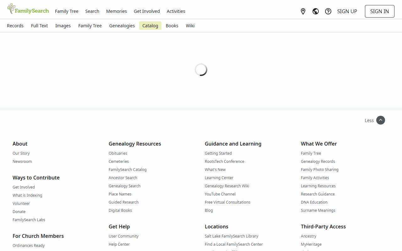 FamilySearch website showing Kodiak court records catalog for Alaska genealogy research