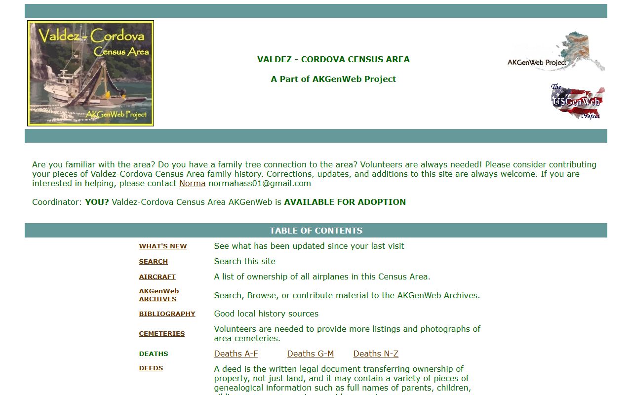 AKGenWeb Valdez project showing genealogy resources and record indexes for Valdez Alaska family history research
