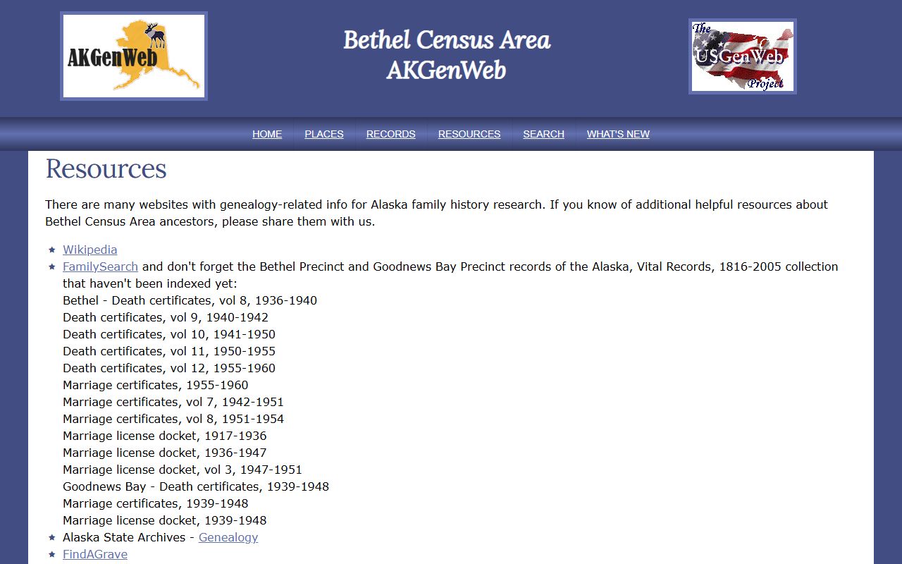AKGenWeb Bethel Census Area genealogy resources page listing local archives, church records, and vital record sources for the Kuskokwim region
