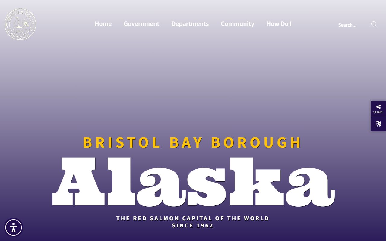 Bristol Bay Borough government website showing the official borough portal for Naknek Alaska with links to clerk and assessor offices