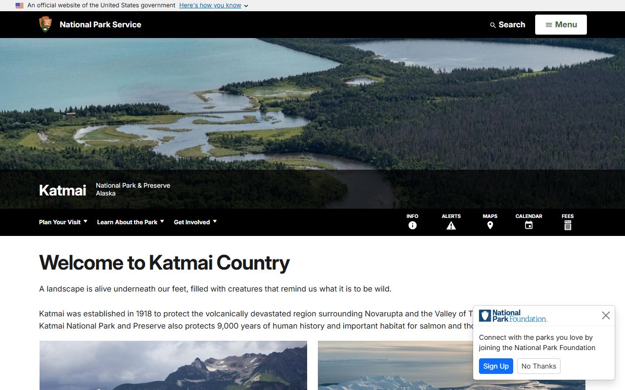 Katmai National Park landscape in southwestern Alaska near Bristol Bay Borough showing volcanic mountains and bear viewing areas