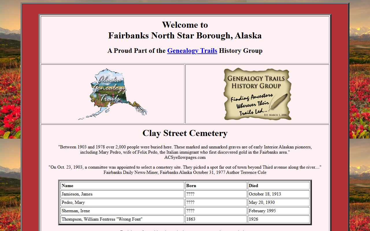 Clay Street Cemetery records, Fairbanks North Star Borough genealogy