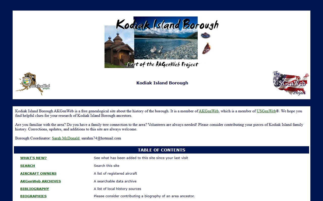 AKGenWeb Kodiak Island genealogy resources with free indexes and transcribed records