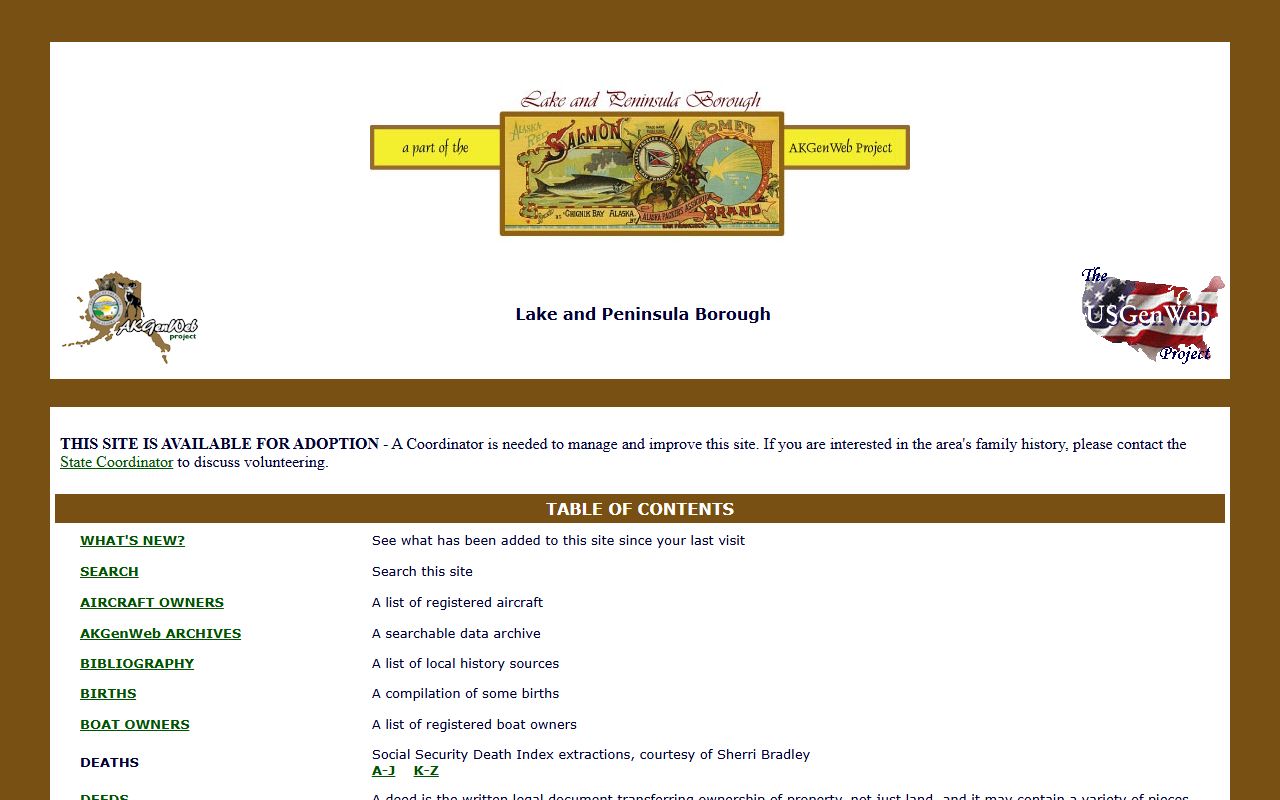 AKGenWeb Lake and Peninsula Borough genealogy section with free indexes and transcribed records