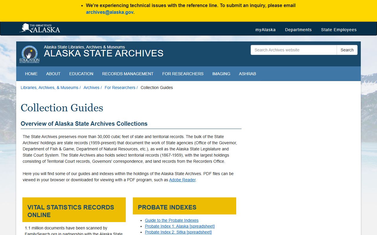 Alaska State Archives collection guides and indexes for genealogy research