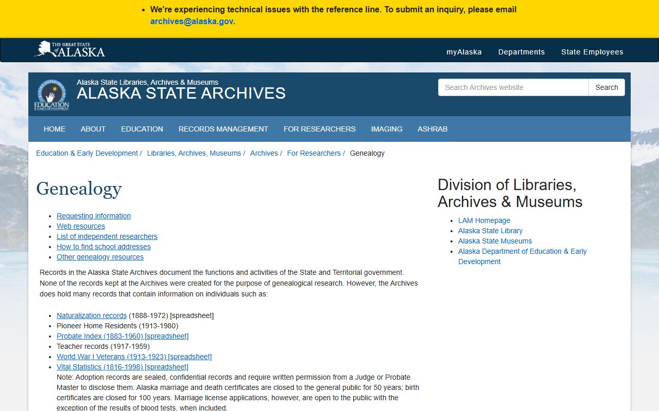 Alaska State Archives genealogy resources page with downloadable indexes