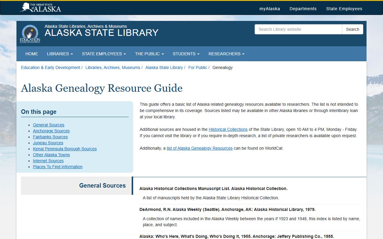 Alaska State Library genealogy resources guide for researchers