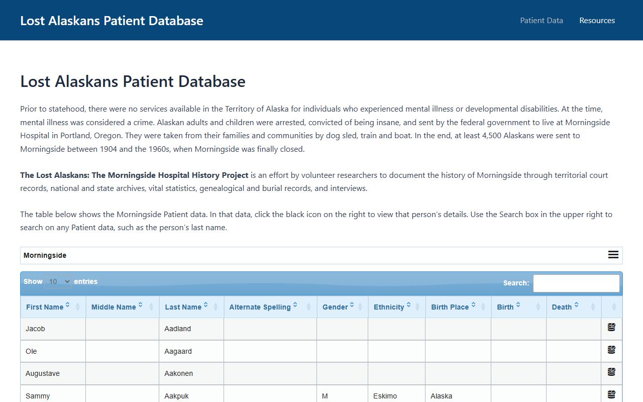 Lost Alaskans database Morningside Hospital patient records